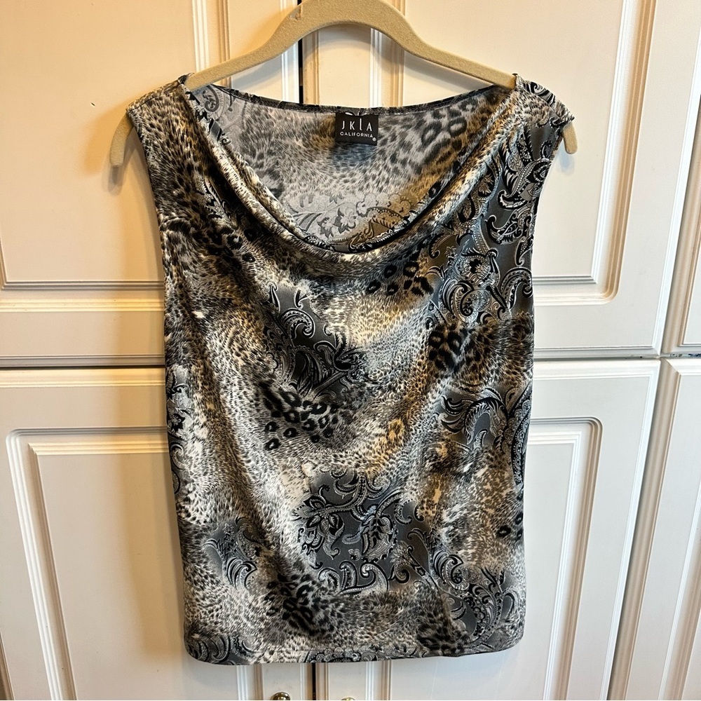 JKLA Draped Cowl Neck Sleeveless Top in Gray Print